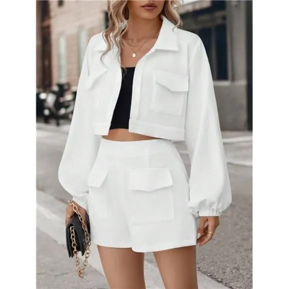 2pcs/Set Chic Button Down Collar Long Sleeve Shirt &amp; Casual Shorts, Matching Set