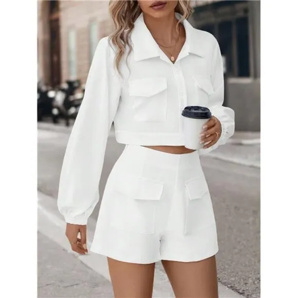 2pcs/Set Chic Button Down Collar Long Sleeve Shirt &amp; Casual Shorts, Matching Set