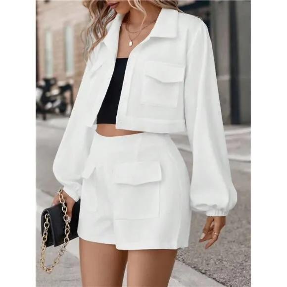 2pcs/Set Chic Button Down Collar Long Sleeve Shirt &amp; Casual Shorts, Matching Set