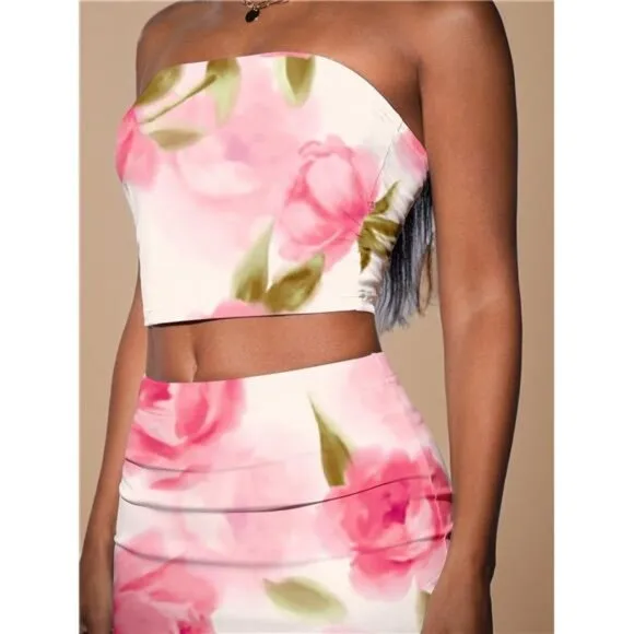 2pcs/Set Women Elegant Floral Print Bandeau Top And Skirt Set/Beach