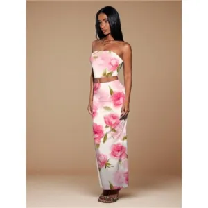 2pcs/Set Women Elegant Floral Print Bandeau Top And Skirt Set/Beach