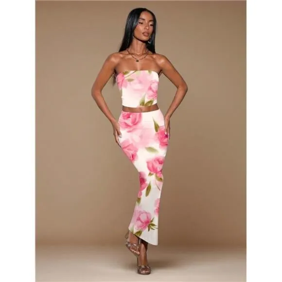 2pcs/Set Women Elegant Floral Print Bandeau Top And Skirt Set/Beach
