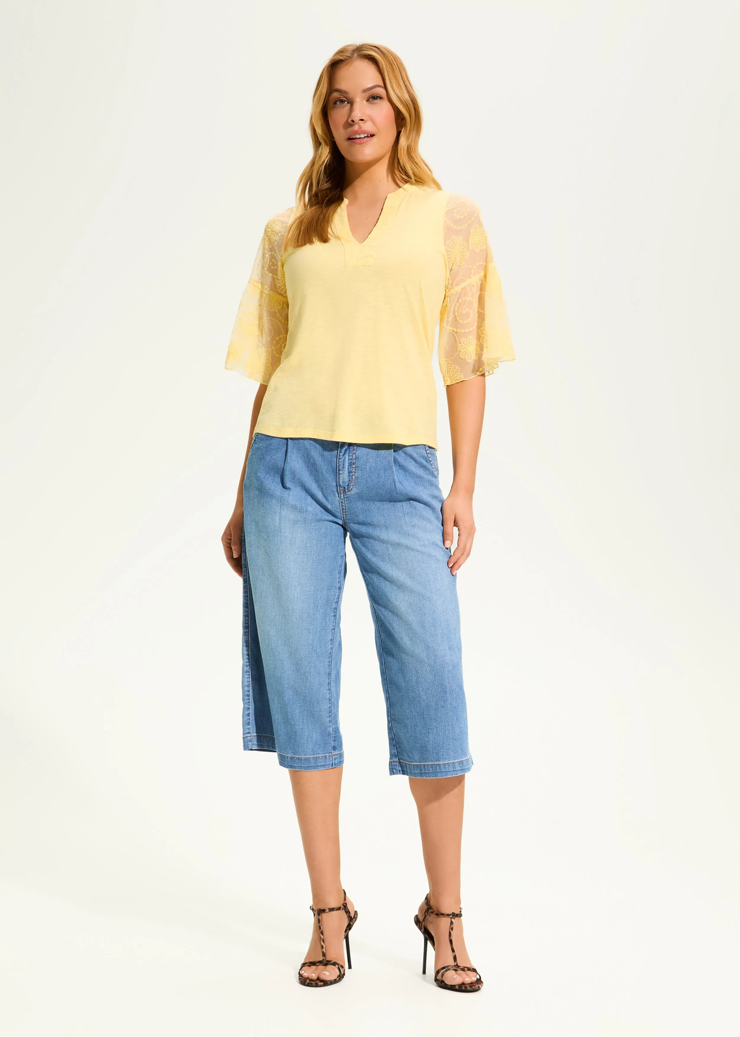 3/4 Mesh Bell-Sleeve Top, Yellow