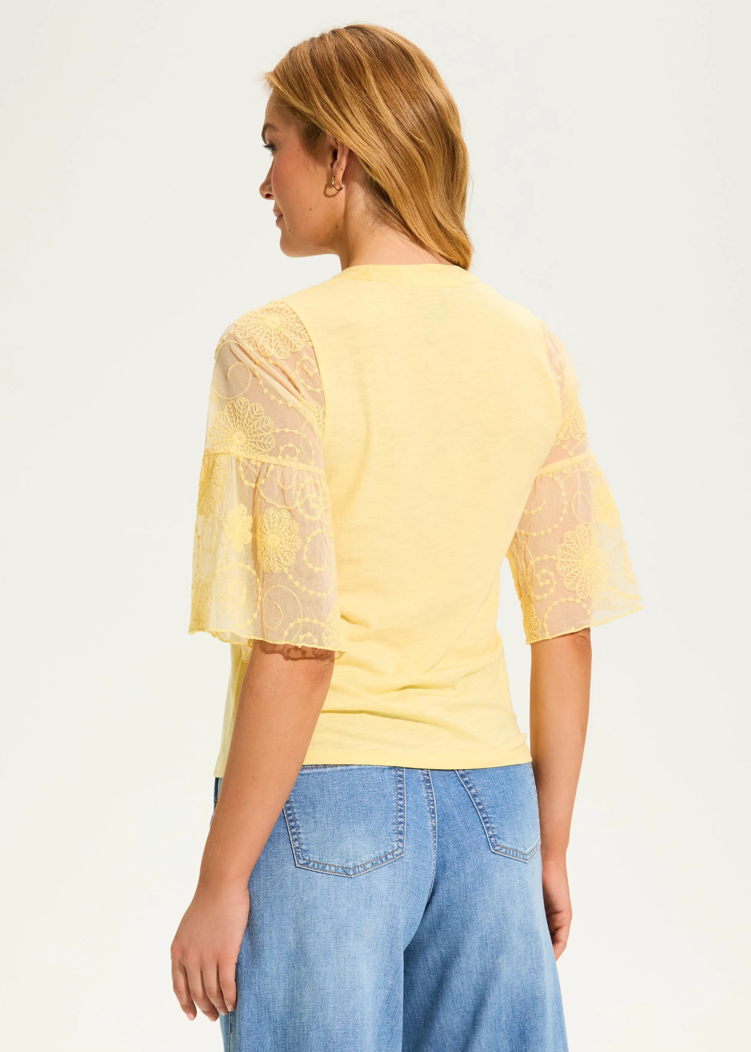 3/4 Mesh Bell-Sleeve Top, Yellow