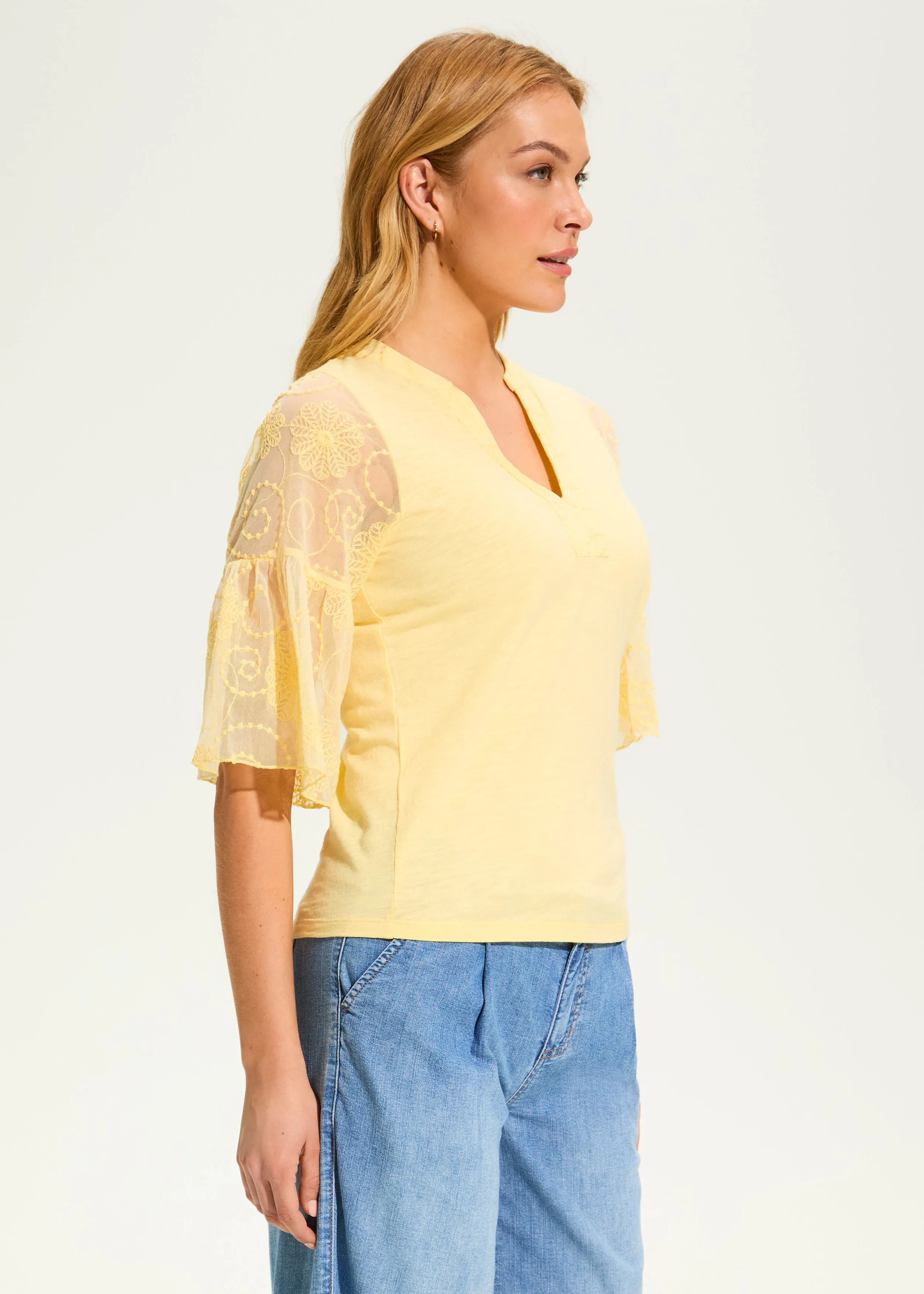 3/4 Mesh Bell-Sleeve Top, Yellow