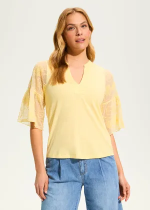 3/4 Mesh Bell-Sleeve Top, Yellow