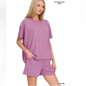 364 $25 1 LEFT ❤️Zenana LT PLUM SOFT MELANGE SHORT SLEEVE TEE &amp; SHORTS SET