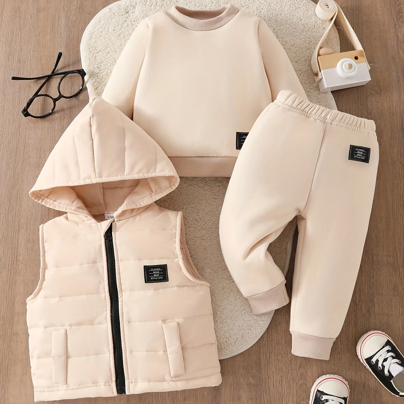 3PCS Baby Boy's Casual Outfit Set, Hooded Vest & Long Sleeve Sweatshirt & Pants - Autumn/Winter