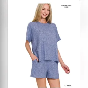 47 $25 1 LEFT ❤️Zenana LT NAVY SOFT MELANGE SHORT SLEEVE TEE &amp; SHORTS SET