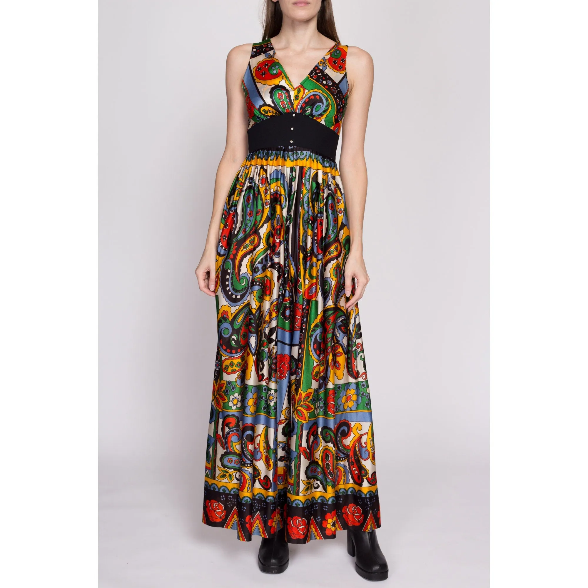 60s 70s Boho Floral & Paisley Palazzo Jumpsuit - Small