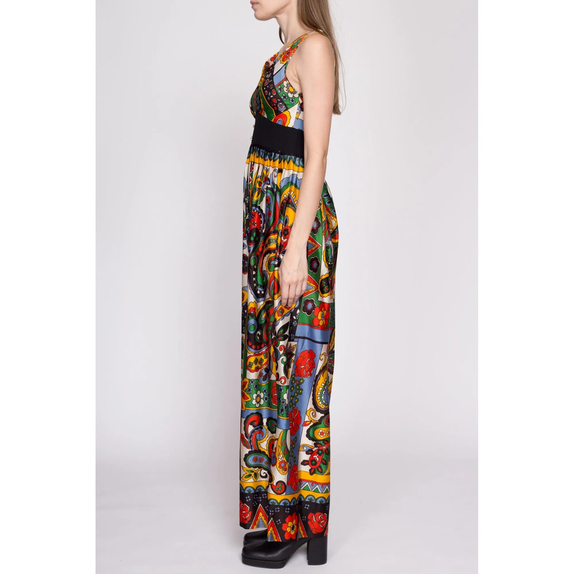 60s 70s Boho Floral & Paisley Palazzo Jumpsuit - Small