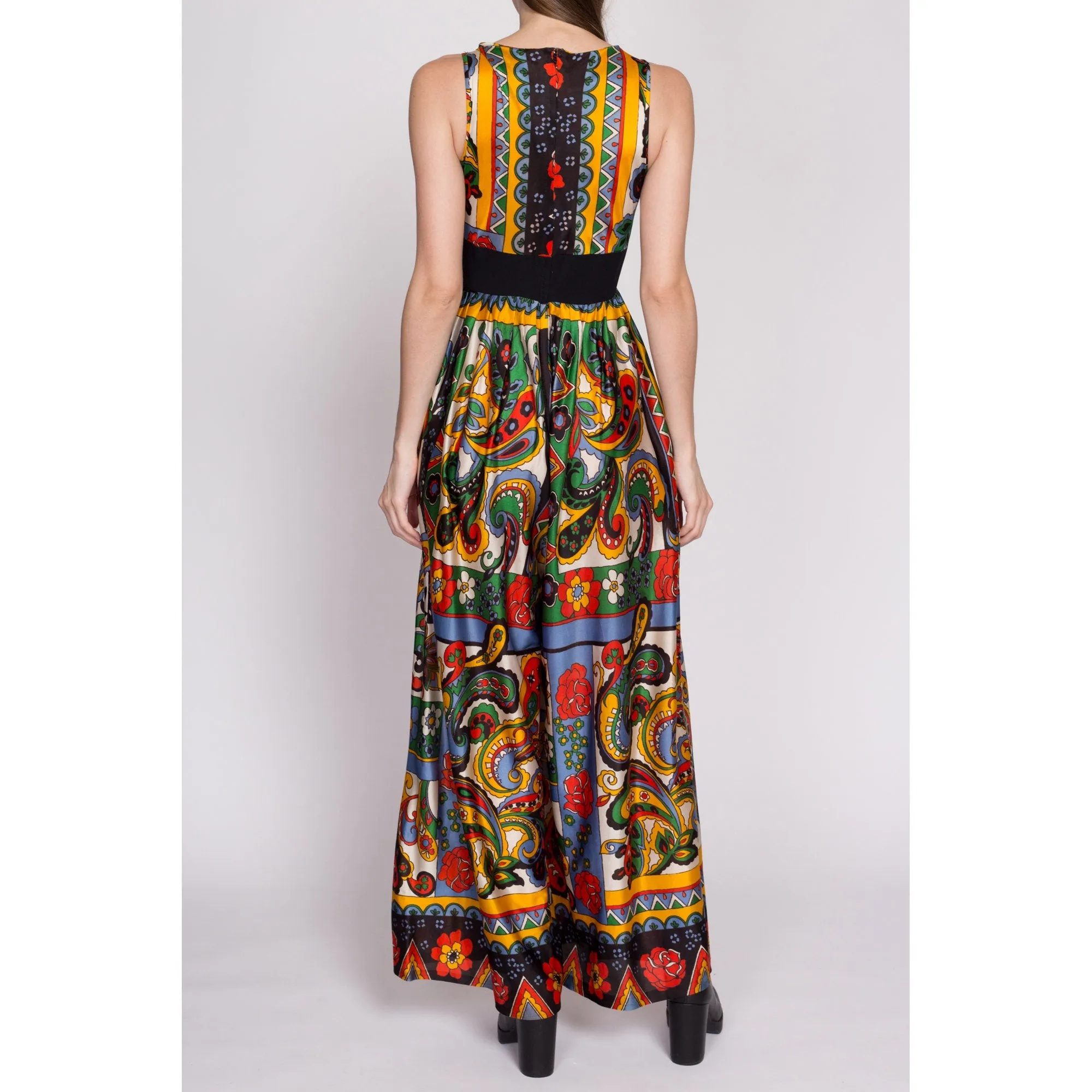 60s 70s Boho Floral & Paisley Palazzo Jumpsuit - Small
