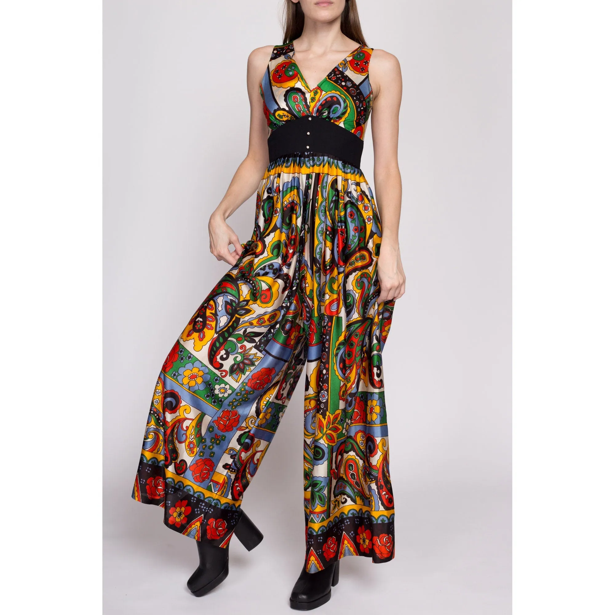 60s 70s Boho Floral & Paisley Palazzo Jumpsuit - Small