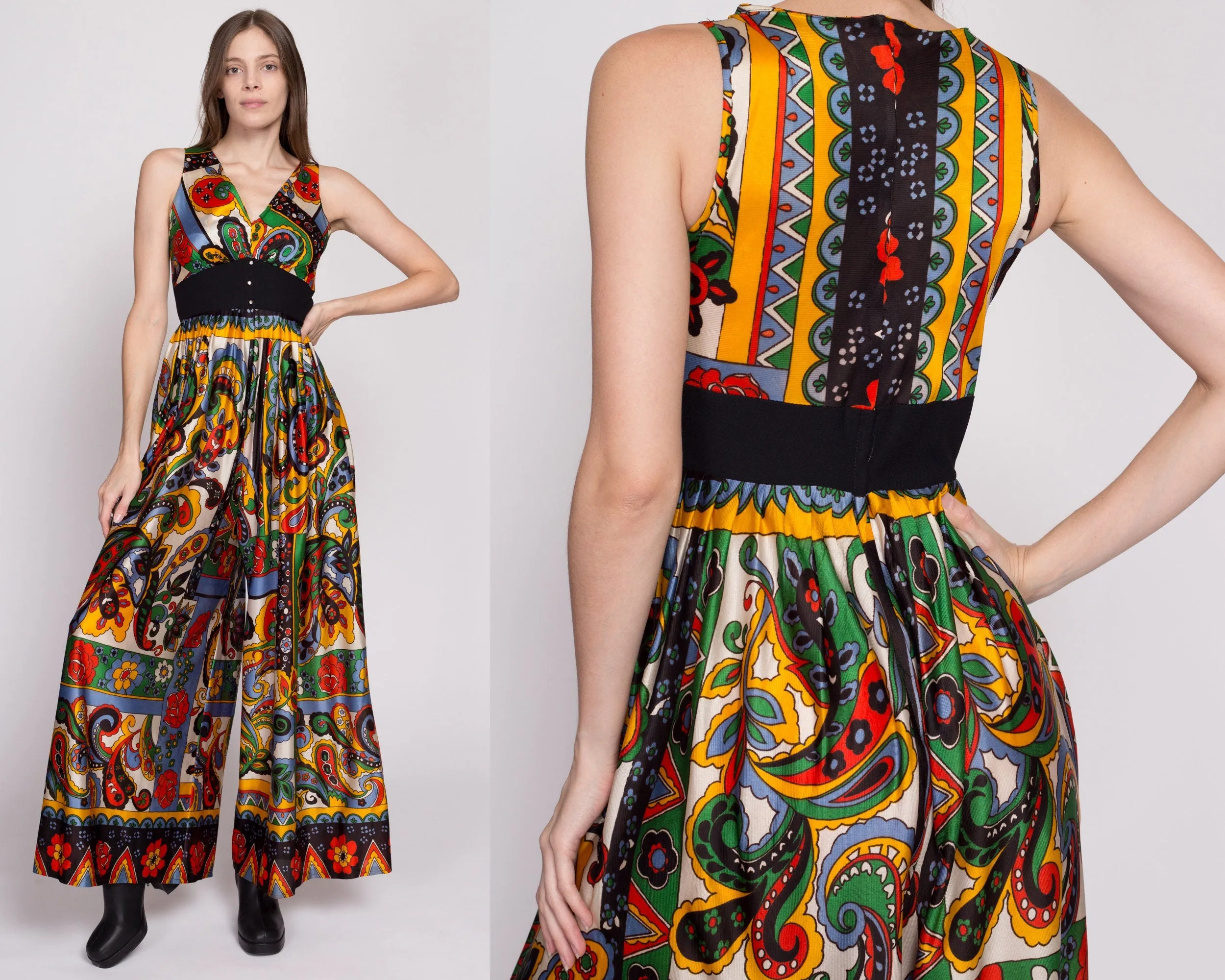 60s 70s Boho Floral & Paisley Palazzo Jumpsuit - Small