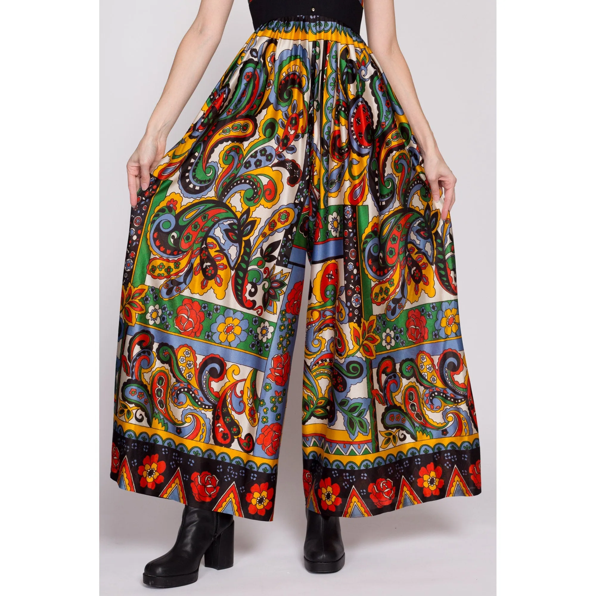 60s 70s Boho Floral & Paisley Palazzo Jumpsuit - Small