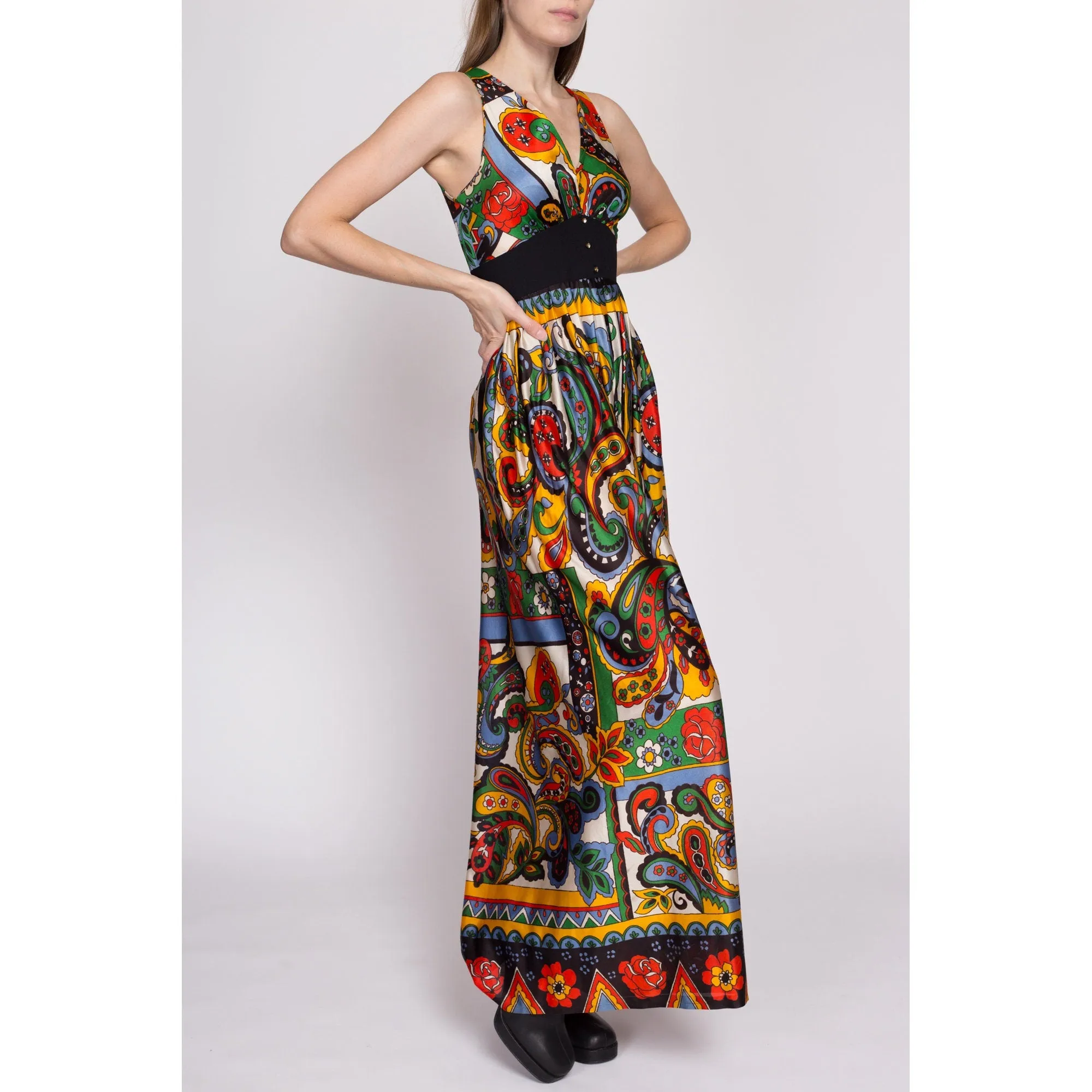 60s 70s Boho Floral & Paisley Palazzo Jumpsuit - Small