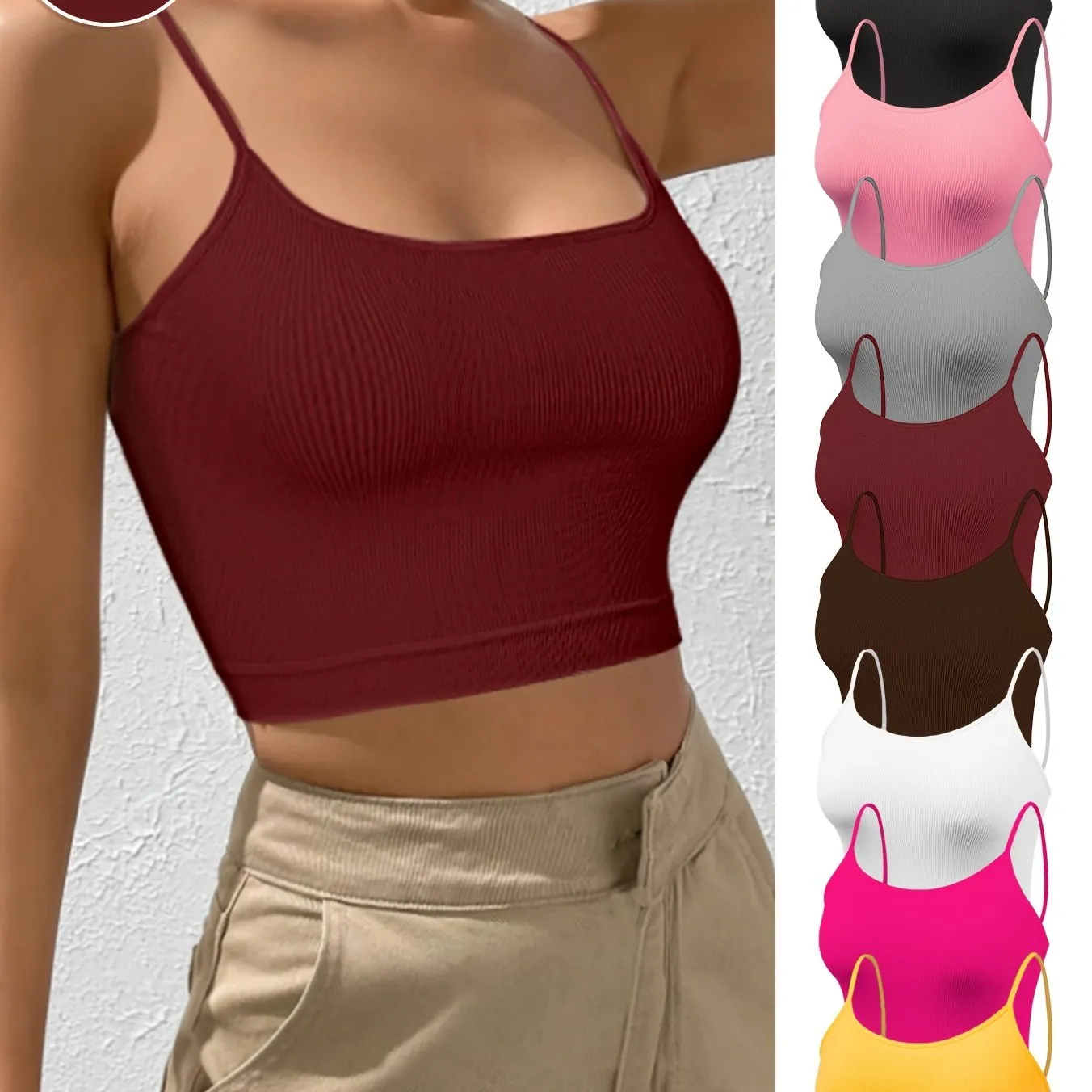 8-Pack Women's Knit Camisole Tops - Polyamide & Elastane Blend, Solid Color, Breathable with Side Stripe Detail