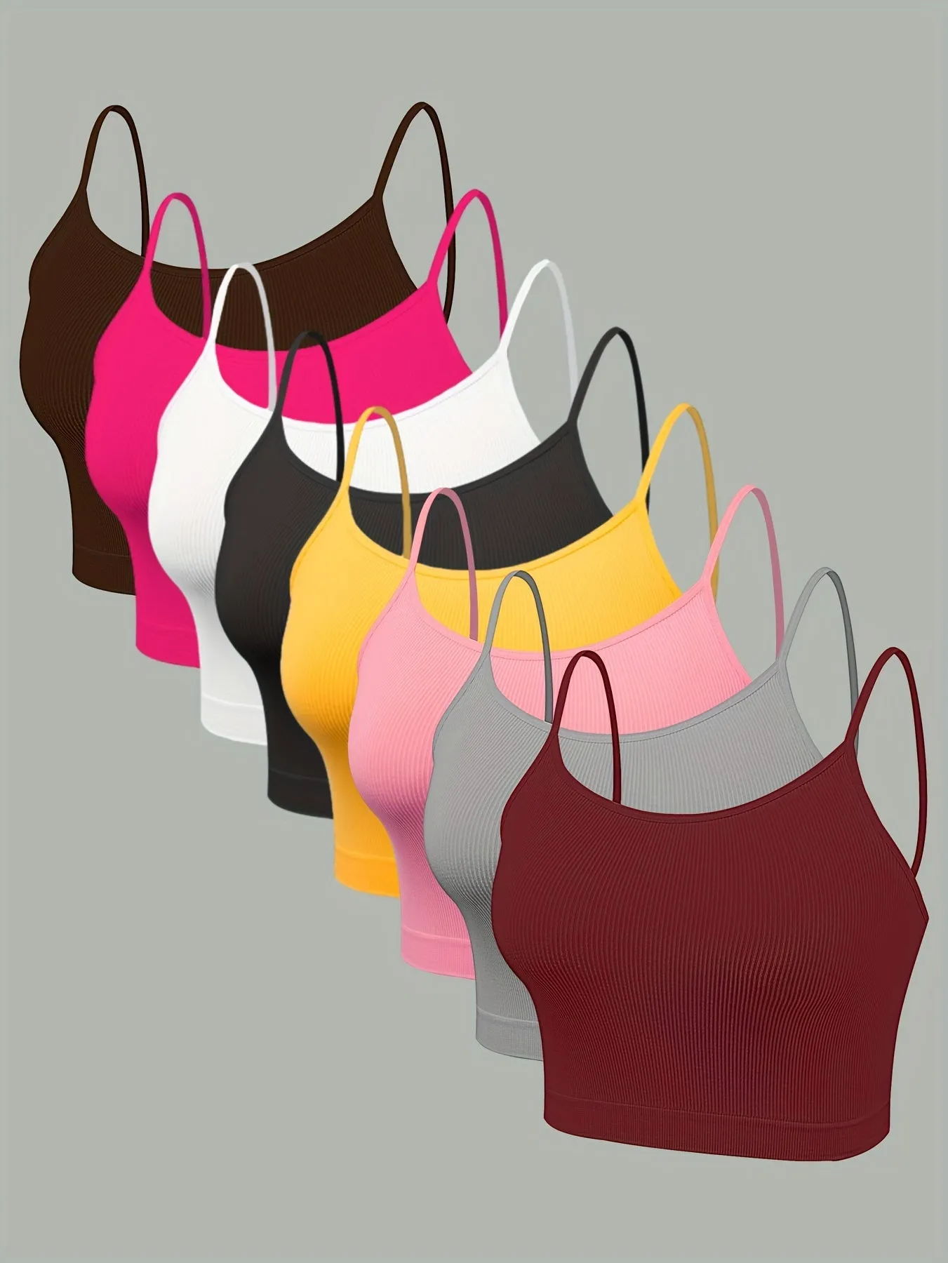 8-Pack Women's Knit Camisole Tops - Polyamide & Elastane Blend, Solid Color, Breathable with Side Stripe Detail