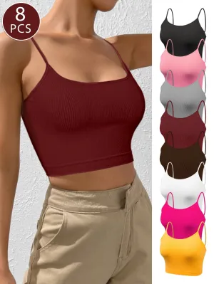8-Pack Women's Knit Camisole Tops - Polyamide & Elastane Blend, Solid Color, Breathable with Side Stripe Detail