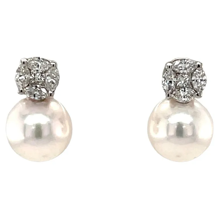 8.50mm Akoya Saltwater Pearl and Diamond Earrings in 18k White Gold