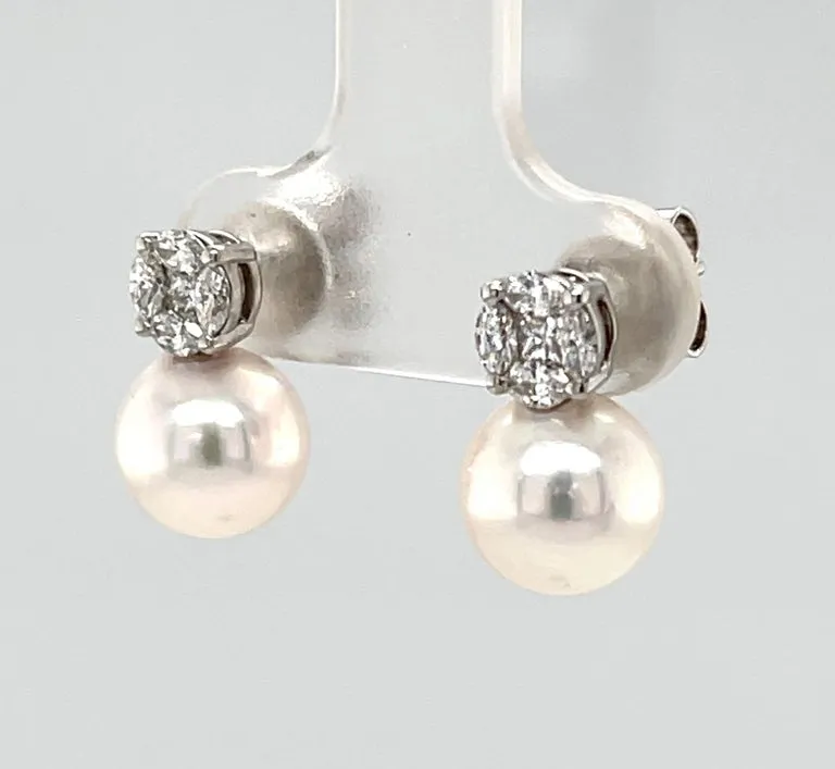 8.50mm Akoya Saltwater Pearl and Diamond Earrings in 18k White Gold
