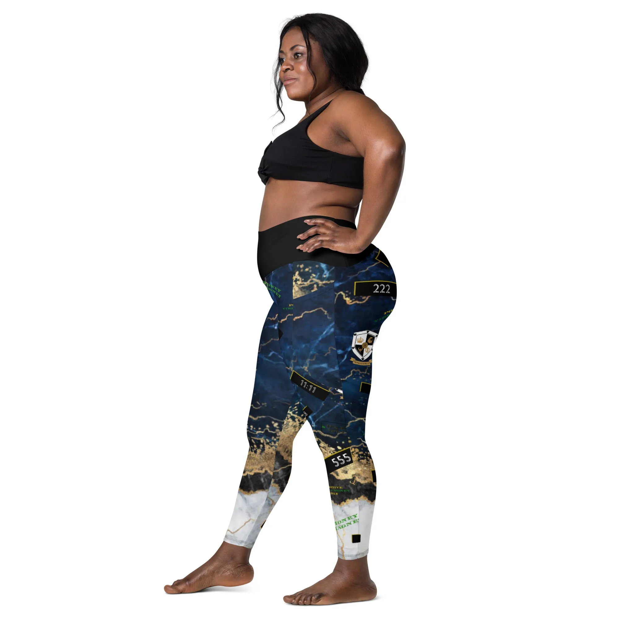8xquiZit Collection - Women's Tri-color Blue, Gold, & White Manifestation Leggings with pockets