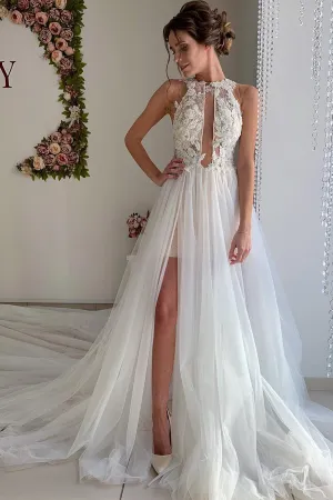 A Line Appliques Ivory Open Back Wedding Dresses, Long Beach Bridal Dresses SWK14990