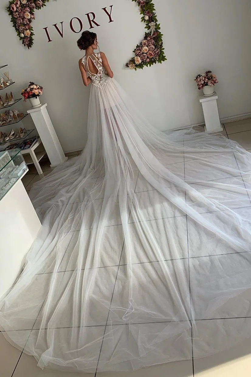A Line Appliques Ivory Open Back Wedding Dresses, Long Beach Bridal Dresses SWK14990