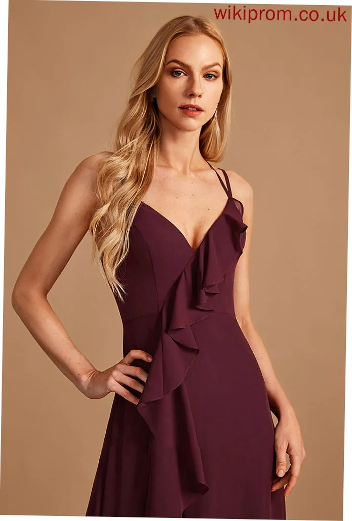 A-Line Asymmetrical Silhouette Neckline Fabric SplitFront V-neck Ruffle Embellishment Length Mckenna Natural Waist Bridesmaid Dresses