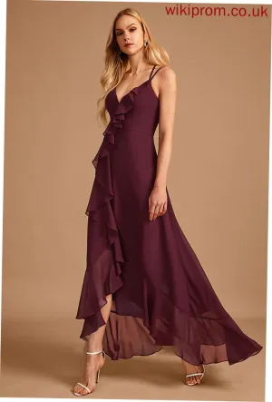 A-Line Asymmetrical Silhouette Neckline Fabric SplitFront V-neck Ruffle Embellishment Length Mckenna Natural Waist Bridesmaid Dresses