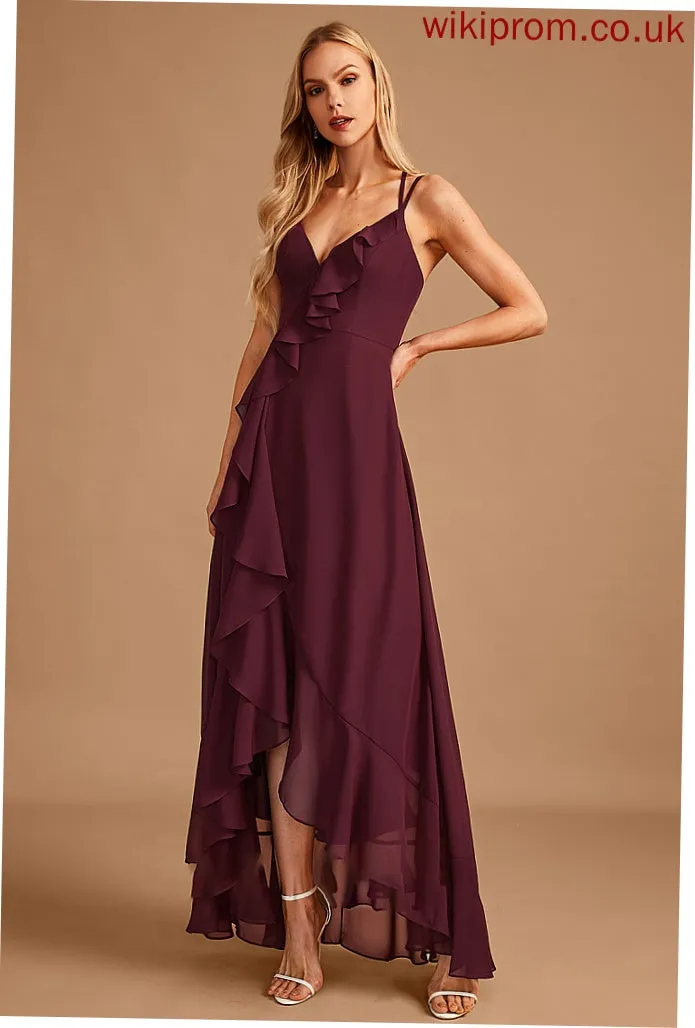 A-Line Asymmetrical Silhouette Neckline Fabric SplitFront V-neck Ruffle Embellishment Length Mckenna Natural Waist Bridesmaid Dresses