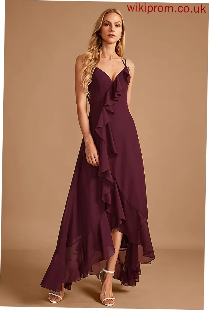 A-Line Asymmetrical Silhouette Neckline Fabric SplitFront V-neck Ruffle Embellishment Length Mckenna Natural Waist Bridesmaid Dresses