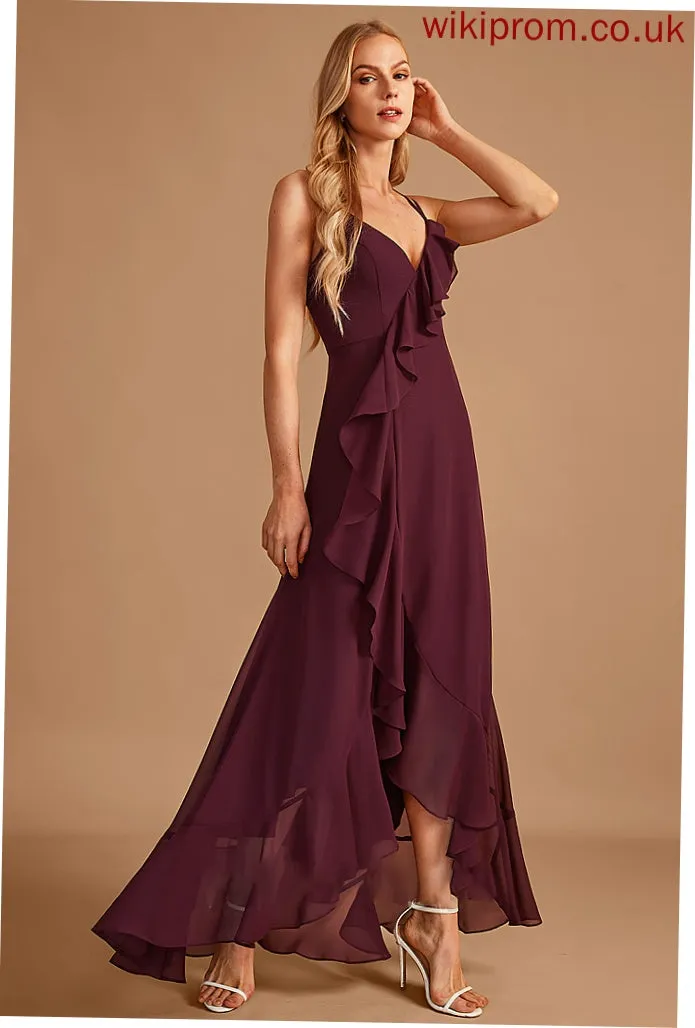 A-Line Asymmetrical Silhouette Neckline Fabric SplitFront V-neck Ruffle Embellishment Length Mckenna Natural Waist Bridesmaid Dresses