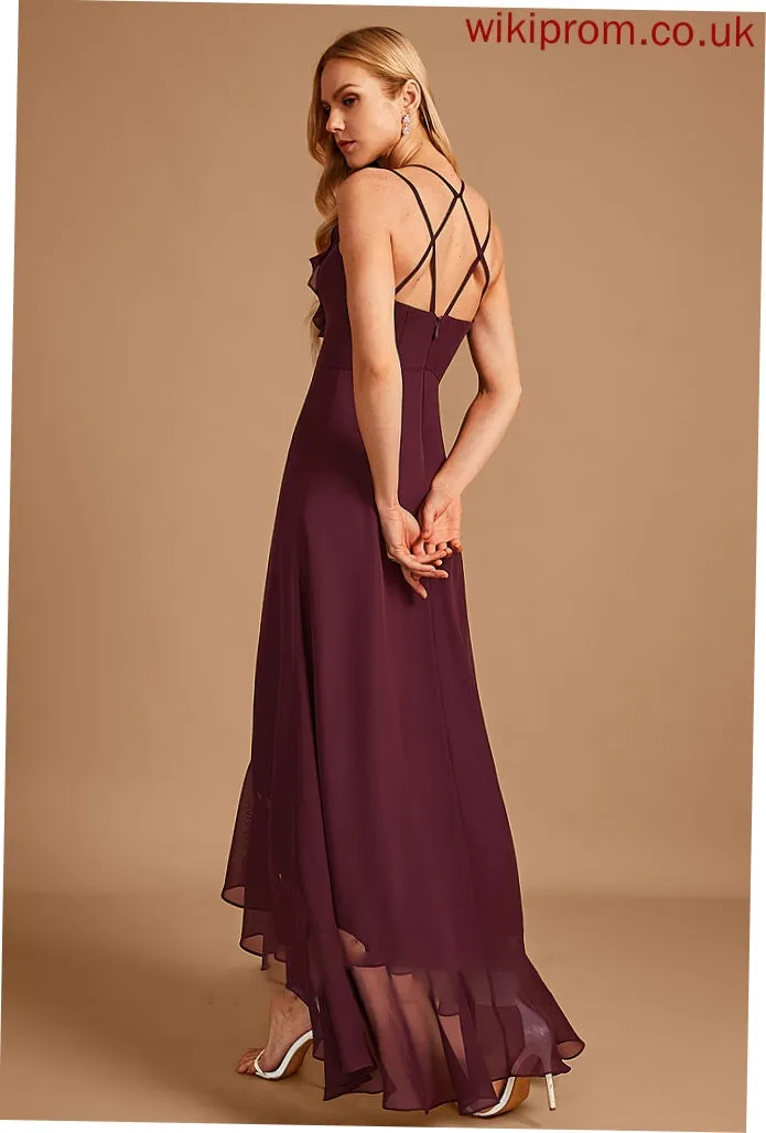 A-Line Asymmetrical Silhouette Neckline Fabric SplitFront V-neck Ruffle Embellishment Length Mckenna Natural Waist Bridesmaid Dresses