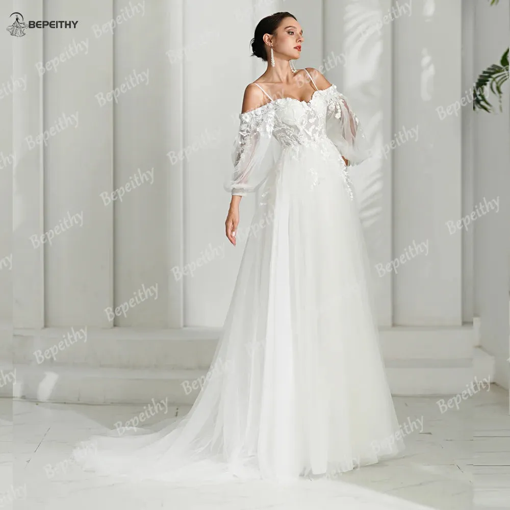 A Line Ivory Wedding Dresses Spring Women Long Sleeves