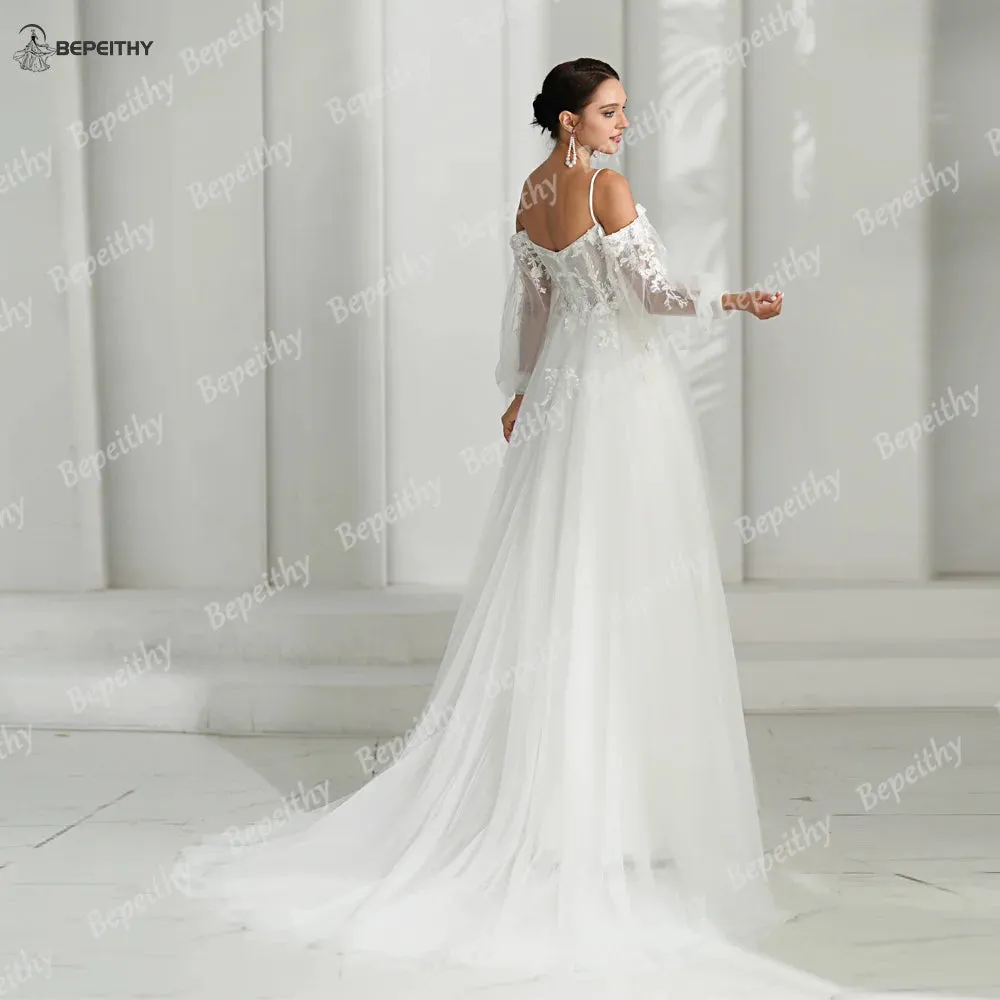 A Line Ivory Wedding Dresses Spring Women Long Sleeves