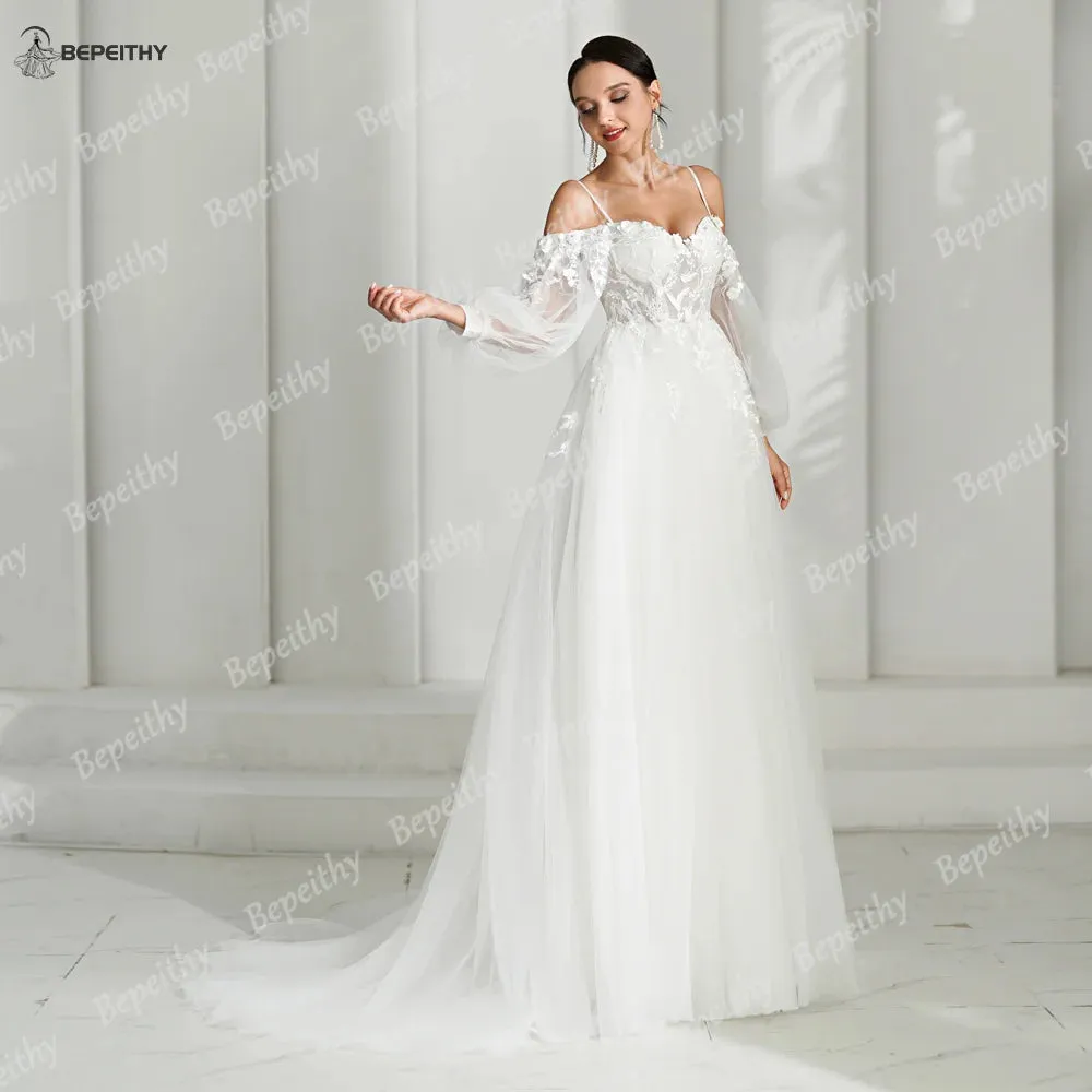 A Line Ivory Wedding Dresses Spring Women Long Sleeves