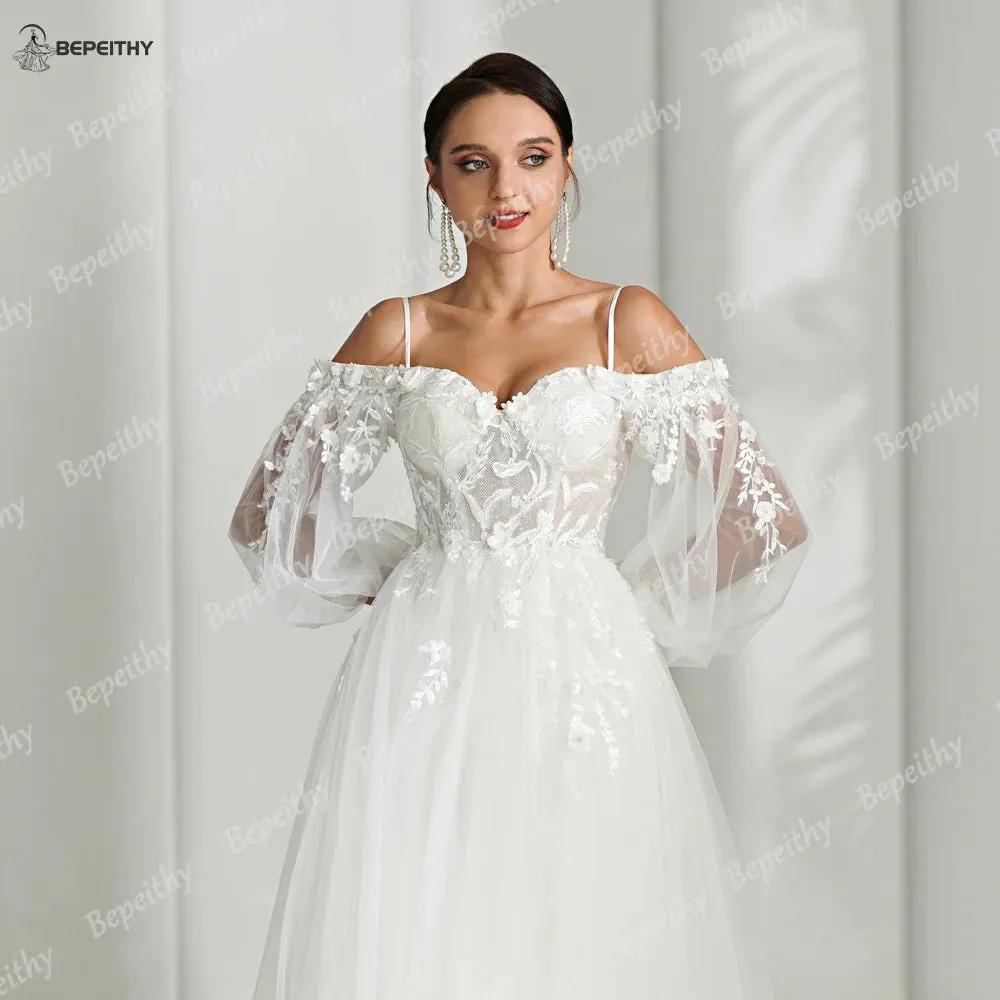 A Line Ivory Wedding Dresses Spring Women Long Sleeves
