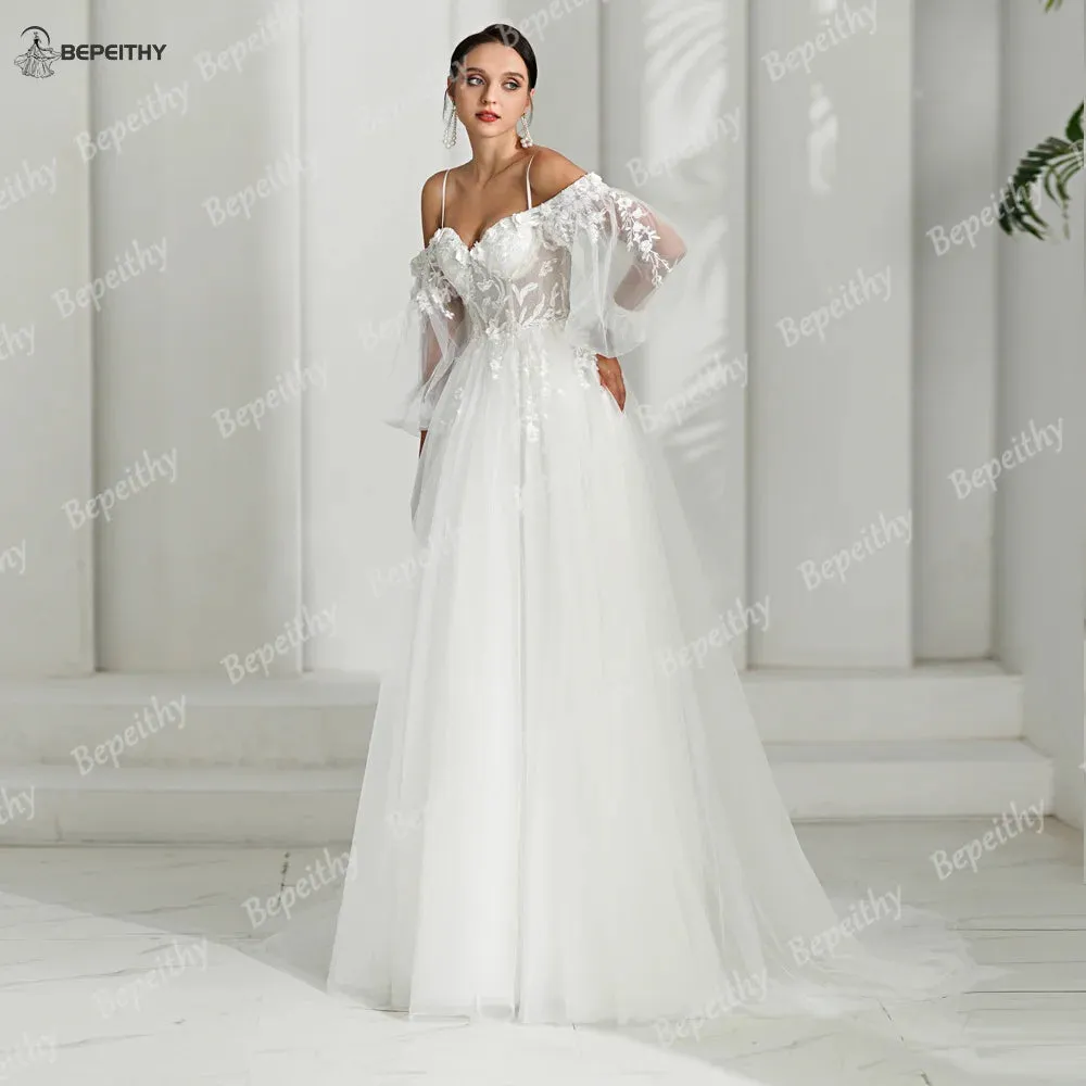 A Line Ivory Wedding Dresses Spring Women Long Sleeves
