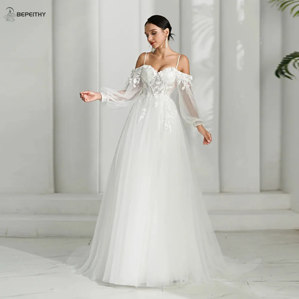 A Line Ivory Wedding Dresses Spring Women Long Sleeves