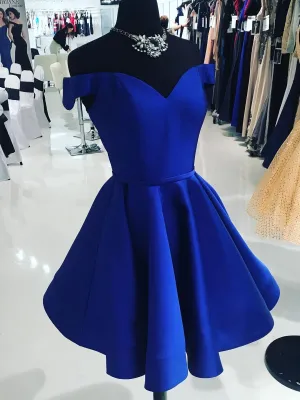 A Line Off The Shoulder V Neck Royal Blue Short Knee Length Taffeta Dc07 Prom Dresses