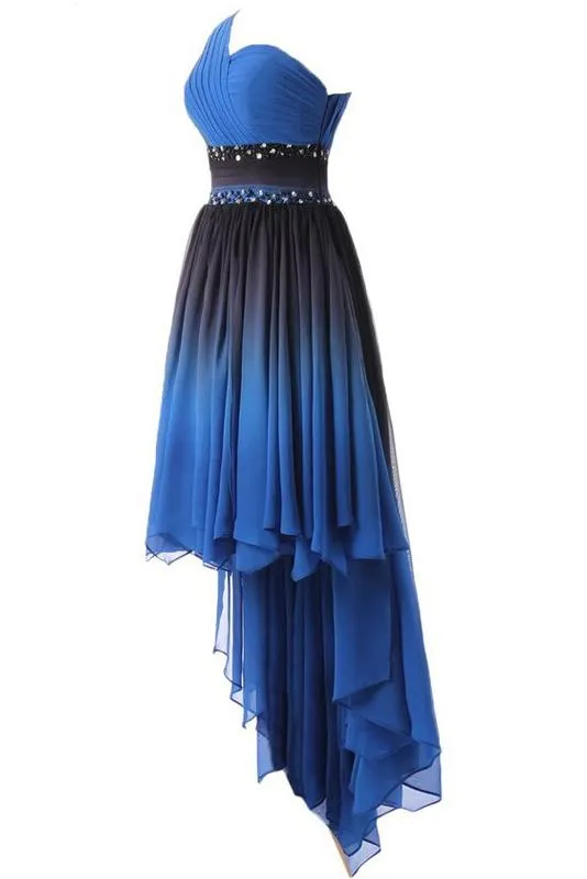 A Line One Shoulder Ombre Chiffon Blue Ruffles Prom Dresses Homecoming Dresses WK875