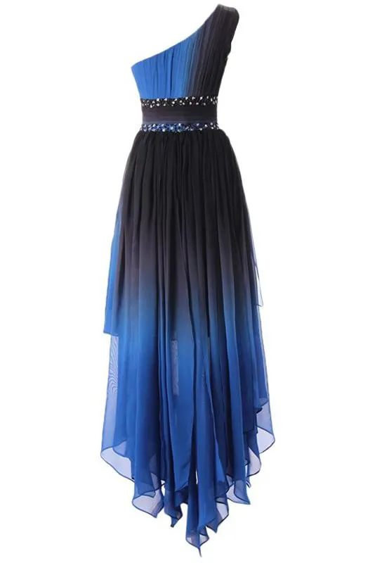 A Line One Shoulder Ombre Chiffon Blue Ruffles Prom Dresses Homecoming Dresses WK875