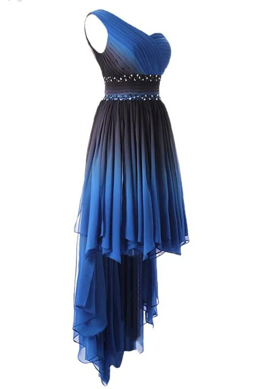A Line One Shoulder Ombre Chiffon Blue Ruffles Prom Dresses Homecoming Dresses WK875