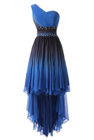 A Line One Shoulder Ombre Chiffon Blue Ruffles Prom Dresses Homecoming Dresses WK875
