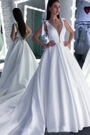 A Line Round Neck White Prom Dresses Bowknot Satin Wedding Dresses SWK15022