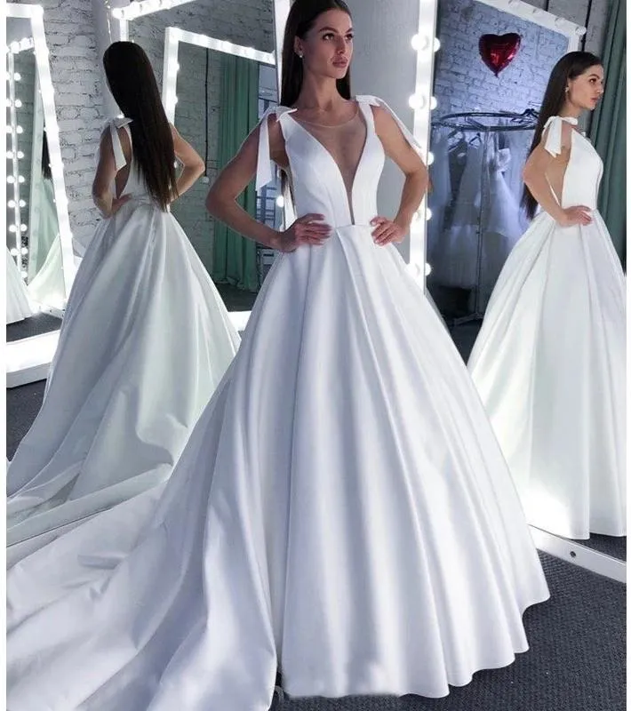 A Line Round Neck White Prom Dresses Bowknot Satin Wedding Dresses SWK15022