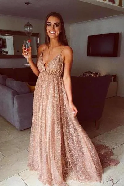 A Line Spaghetti Straps V Neck Gold Prom Dresses Long Backless Evening Dresses WK654