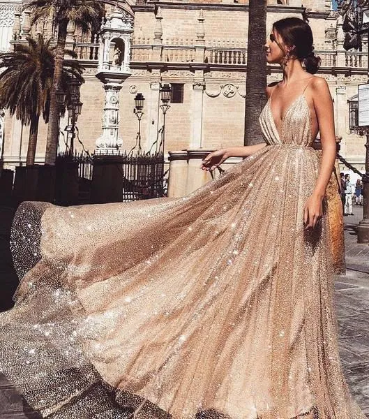 A Line Spaghetti Straps V Neck Gold Prom Dresses Long Backless Evening Dresses WK654