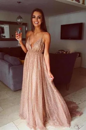 A Line Spaghetti Straps V Neck Gold Prom Dresses Long Backless Evening Dresses WK654